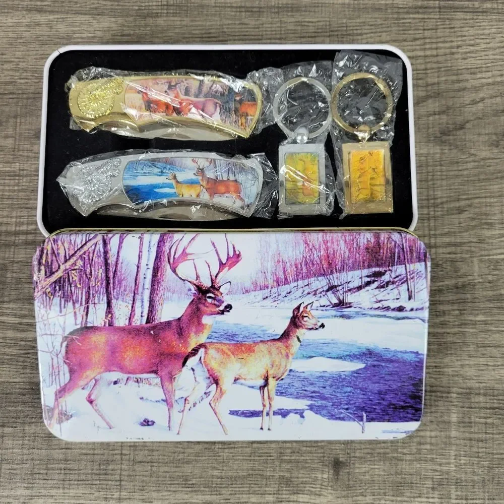 Decorative Folding Knife‎ and Keychain Set with Decorative Tin